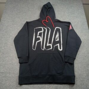 Fila Hoodie Mens Medium Sweatshirt Black Big Logo Pullover Graphic Fleece
